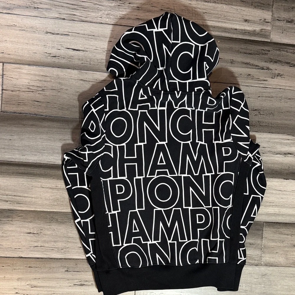NWOT Champion Black Hoodie with White All-Over Logo Print